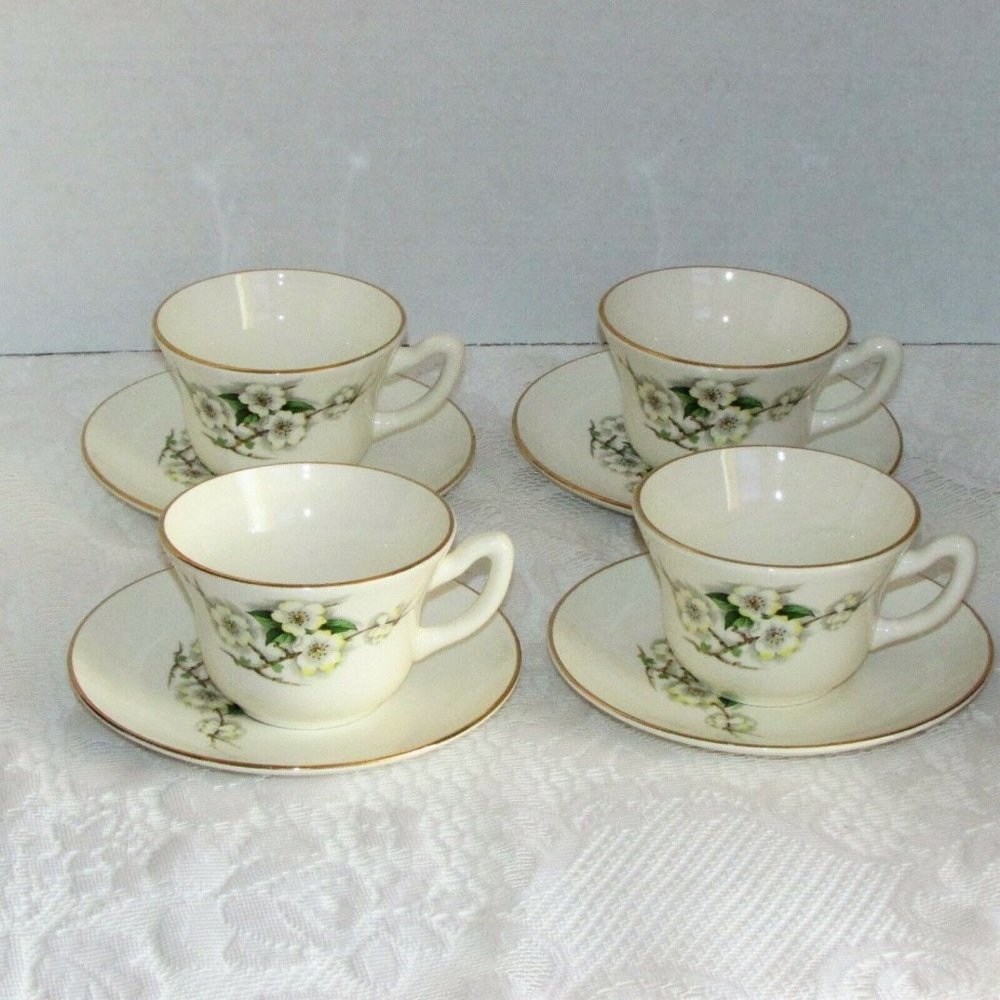 4 Vintage Georgian China Spring Blossom Cups & Saucers Teacups Cottagecore